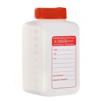 Flacon 250ml avec thiosulfate de sodium 20mg/L en PEHD naturel gradué cape à vis rouge avec étiquette d'intégrité stérile