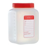 Flacon 500ml avec thiosulfate de sodium 20mg/L en PEHD naturel gradué cape à vis rouge avec étiquette d'intégrité stérile