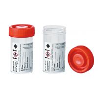 Flacon 60ml en polystyrène transparent avec conservateur (acide borique) cape à vis rouge stérile R résistant 95 kPa 